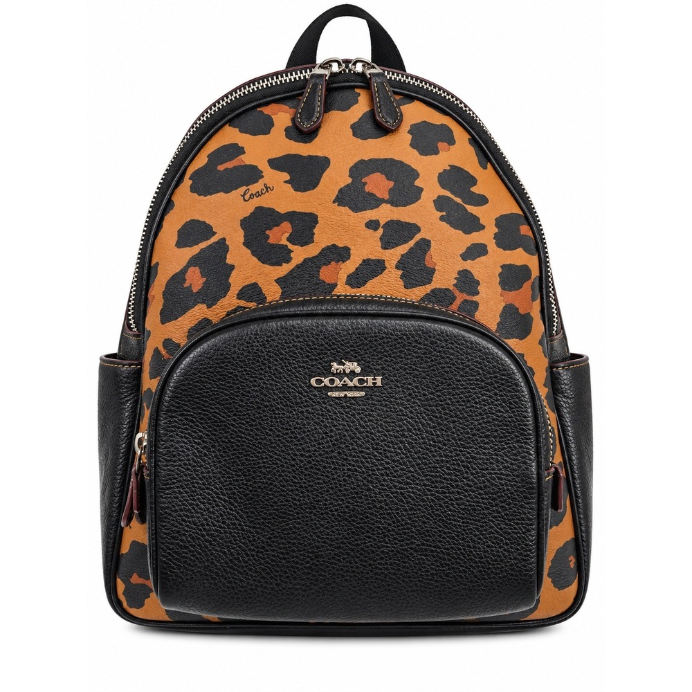 Coach Court Backpack Leopard Print Black Pebble Leather CN764 Animal Print Bag